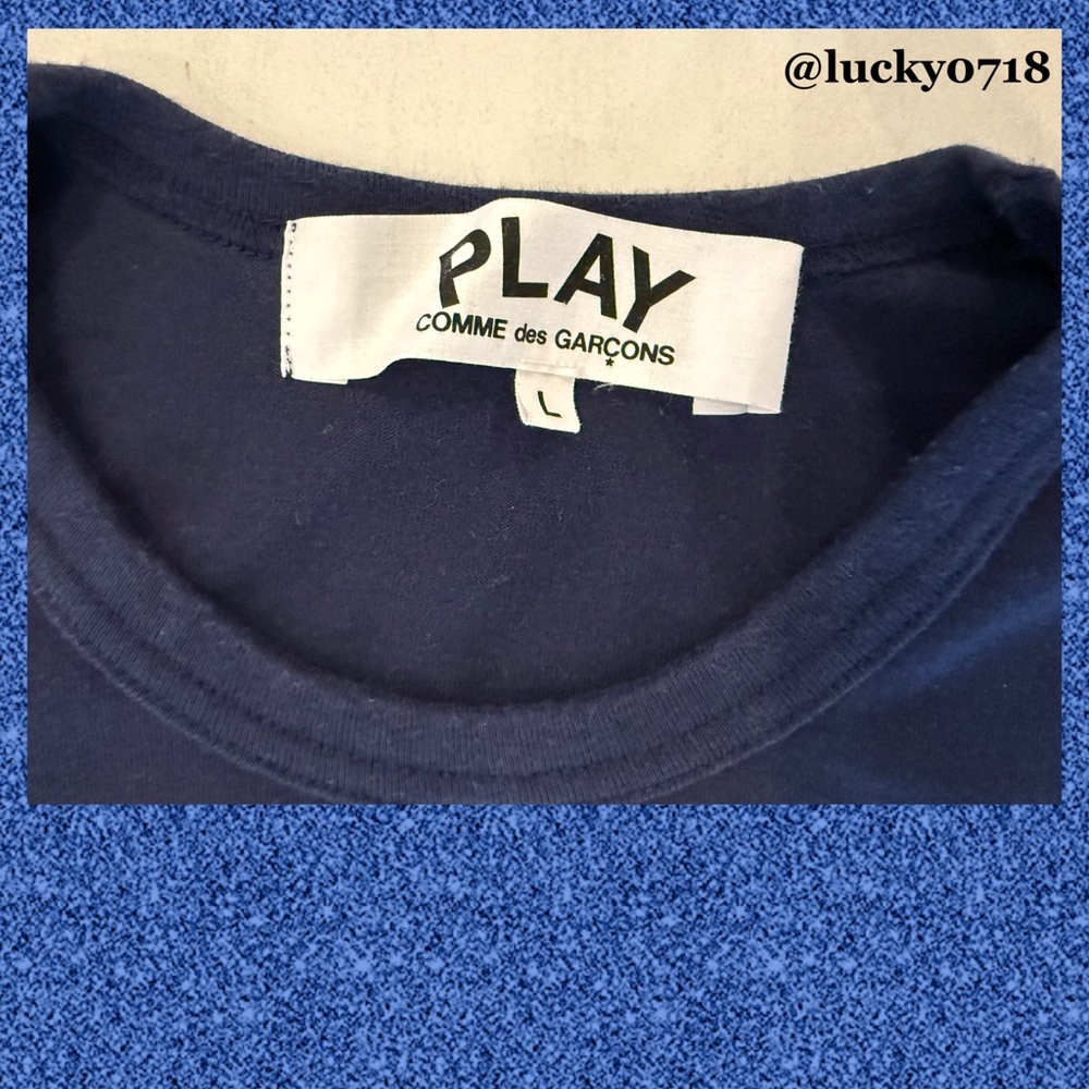 Comme des Garcons Play Men’s Navy Tee w White Love Heart Outline w Eyes Sz L - Picture 5 of 6